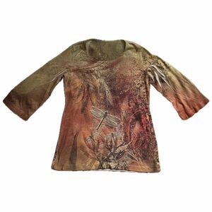 Y2K Dragonfly Rhinestone Top Boho Earthy Fairycore Quarter Sleeve Shirt